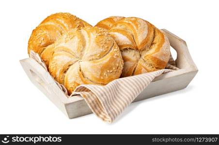 Tasty fresh buns with sesame seeds, isolated on white background. Tasty fresh buns with sesame seeds