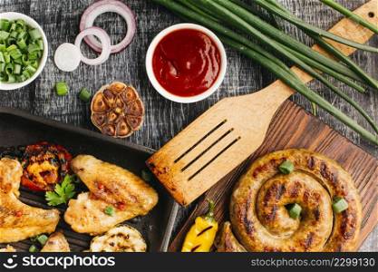 tasty fried food grey wooden textured background