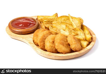 Tasty fried nuggets and potatoes isolated on white background. Tasty fried nuggets and potatoes