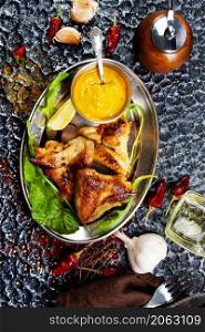 tasty grilled chicken wings on a white dish. tasty grilled chicken wings on a metal dish