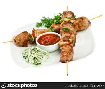 Tasty grilled meat, shish kebab on a white background