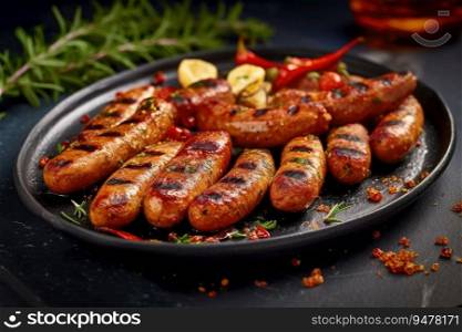 Tasty grilled sausages with spices and herbs. Generated AI