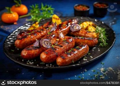 Tasty grilled sausages with spices and herbs. Generated AI