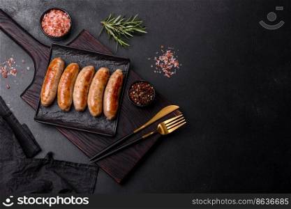 Tasty grilled sausages with spices and herbs on a black slate plate on a dark concrete background. Tasty grilled sausages with spices and herbs on a black slate plate