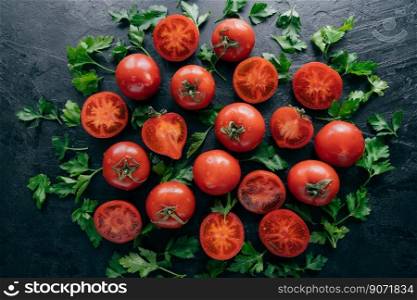 Tasty half tomatoes for making vegetables salad, green parsley aroud. Fresh vegetables for vegetarians. Nutrition and food concept