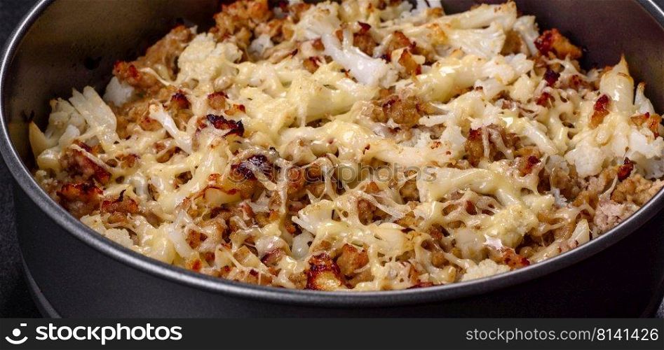 Tasty healthy dish of cauliflower and beef mince baked with lactose-free cheese as well as spices and herbs. Tasty healthy dish of cauliflower and beef mince baked with lactose-free cheese
