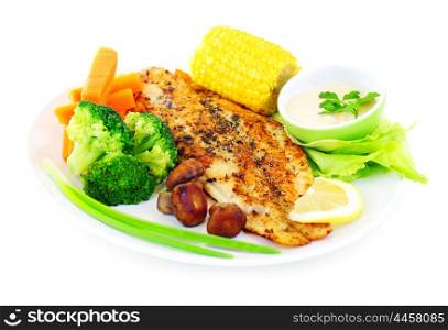 Tasty healthy fish fillet with steamed vegetables, isolated on white background