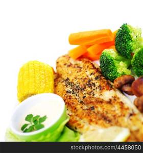 Tasty healthy fish fillet with steamed vegetables, isolated on white background, border with text space