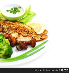 Tasty healthy fish fillet with steamed vegetables, isolated on white background, border with text space?