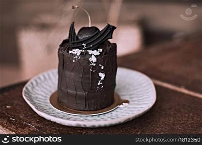 tasty homemade chocolate cake on table. tasty homemade chocolate cake