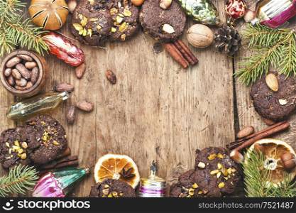 Tasty homemade Christmas cookies and decorations for christmas. Festive cookie background