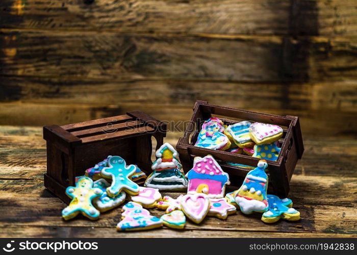 Tasty homemade Christmas cookies on wooden table