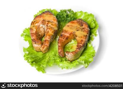 Tasty hunchback salmon fish dish isolated on a white background