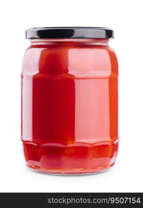Tasty ketchup in glass jar isolated on white