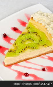 tasty kiwi fresh cake closeup at plate