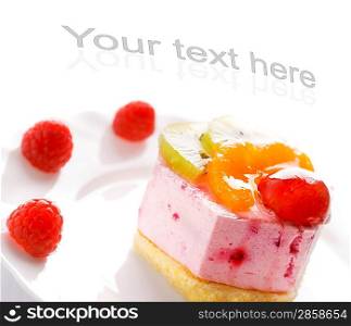 Tasty low-carorie fruit cake isolated on white background