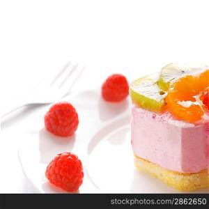 Tasty low-carorie fruit cake isolated on white background