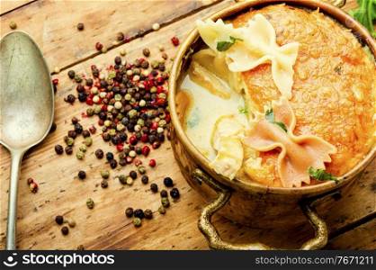 Tasty macaroni casserole with chicken,cheese and mushrooms. Delicious meat casserole with macaroni