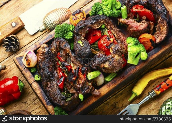 Tasty meat baked with bell pepper and broccoli.Beef roll,meatloaf.Festive christmas food. Meatloaf for the Christmas table