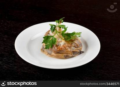 Tasty mushroom mix with cheese and cream wrapped at rice paper packet
