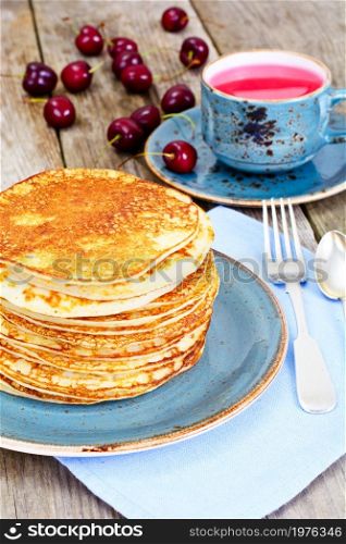 Tasty Pancakes Stack with Honey and Cherry Studio Photo. Tasty Pancakes Stack with Honey and Cherry