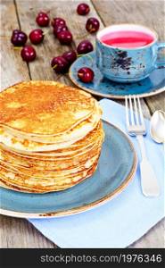 Tasty Pancakes Stack with Honey and Cherry Studio Photo. Tasty Pancakes Stack with Honey and Cherry