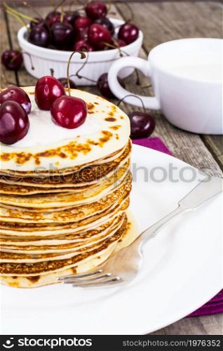 Tasty Pancakes with Cherry Stack Studio Photo. Tasty Pancakes with Cherry Stack