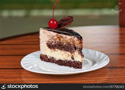 tasty piece of cherry cake closeup. cake piece