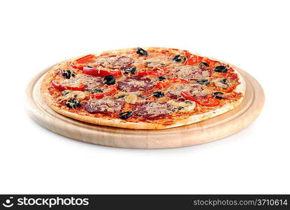 Tasty pizza on wooden plate close up