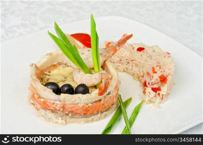 tasty prepared fish with rice and vegetables