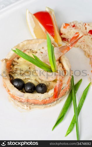 tasty prepared fish with rice and vegetables