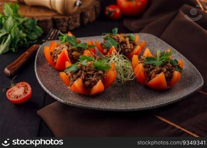Tasty red stuffed tomatoes with rice and minced meat