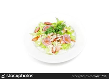 Tasty salad dish close up with chicken and vegetables on a white background