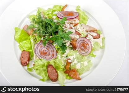 Tasty salad dish close up with sausage and vegetables on a white background