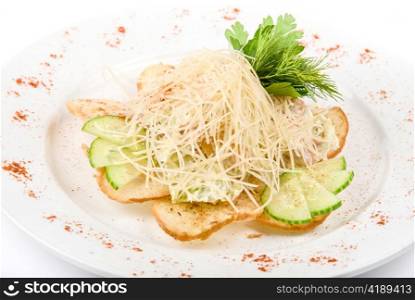 Tasty Salad dish with dried crust, vegetables and cheese
