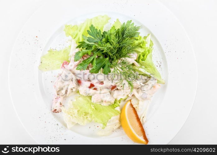 Tasty salad of seafood and vegetable dish close up on a white background