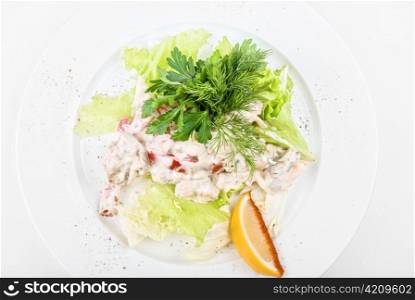 Tasty salad of seafood and vegetable dish close up on a white background