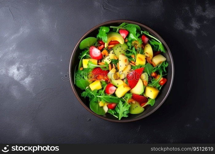 Tasty salad vegan dish top view with copy space created with generative AI technology