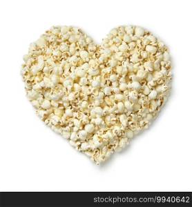 Tasty salted popcorn in heart shape isolated on white background 