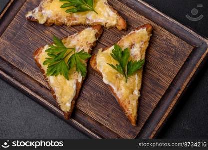 Tasty sandwich with crunchy toast with egg and cheese. Drinking breakfast on a dark concrete background. Tasty sandwich with crunchy toast with egg and cheese
