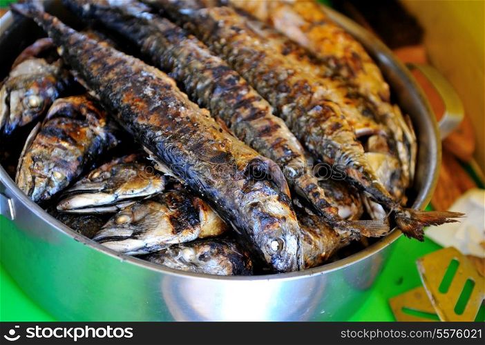 tasty sea food and fish on grill