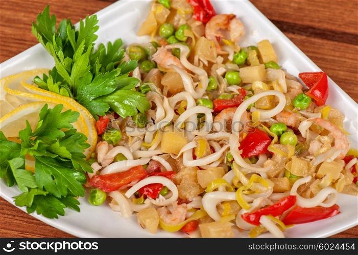 Tasty seafood salad . Tasty seafood salad with vegetable