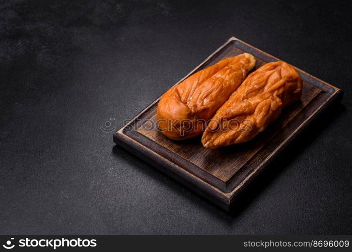 Tasty smoked fillet of chicken breast with spices and herbs on a wooden cutting board on a dark concrete background. Tasty smoked fillet of chicken breast with spices and herbs on a wooden cutting board