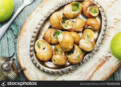 Tasty snails in vintage tray.Stuffed escargots.France food. Bourgogne escargot snails