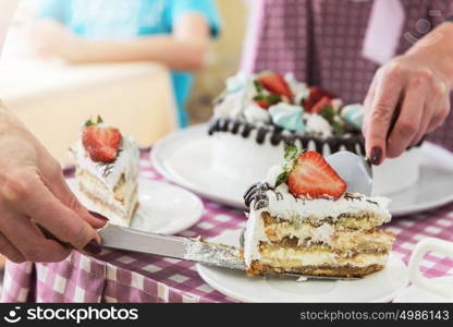 Tasty strawberry cream cake. Tasty strawberry cream cake on checkered table, with tea set