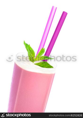 Tasty strawberry milkshake isolated on white background, glass with pink nonalcoholic cocktail decorated with mint leaves and two straw