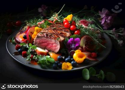 Tasty T Bone steak on a plate with some salad created with generative AI technology