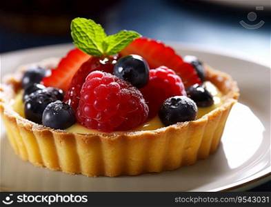 Tasty tartlet dessert with fresh berries and mint leaf.AI Generative