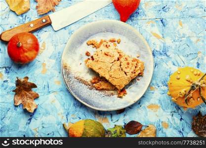 Tasty traditional autumn pie, festive pumpkin cake.. Delicious pumpkin pie