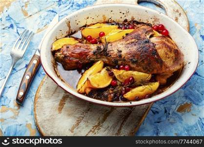 Tasty turkey leg roasted with oranges and spices. Turkey leg with orange, fried meat